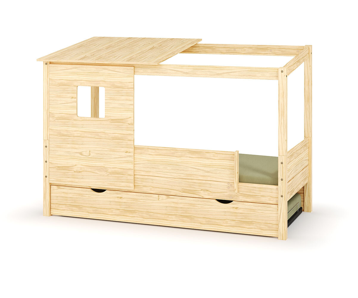 Lit cabane gigogne enfant et matelas Combeebed Bois naturel 90x200 cm Sans caches sommier Avec toit et porte 1 barrière Matelas Airfresh 15 cm
