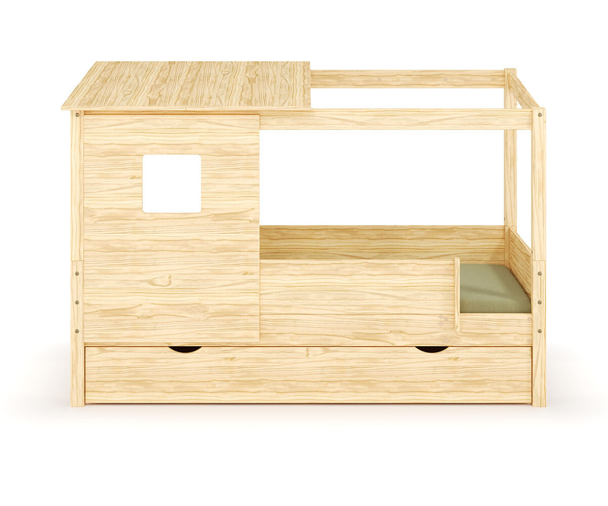 Lit cabane gigogne enfant et matelas Combeebed Bois naturel 90x200 cm Sans caches sommier Avec toit et porte 2 barrières Matelas Airfresh 15 cm