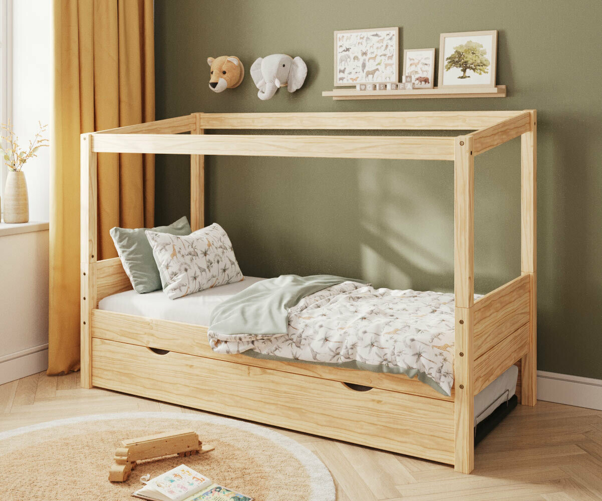 Lit cabane gigogne enfant et matelas Combeebed Bois naturel 90x200 cm Sans caches sommier Sans toit et porte Sans barrière Matelas Airfresh 15 cm