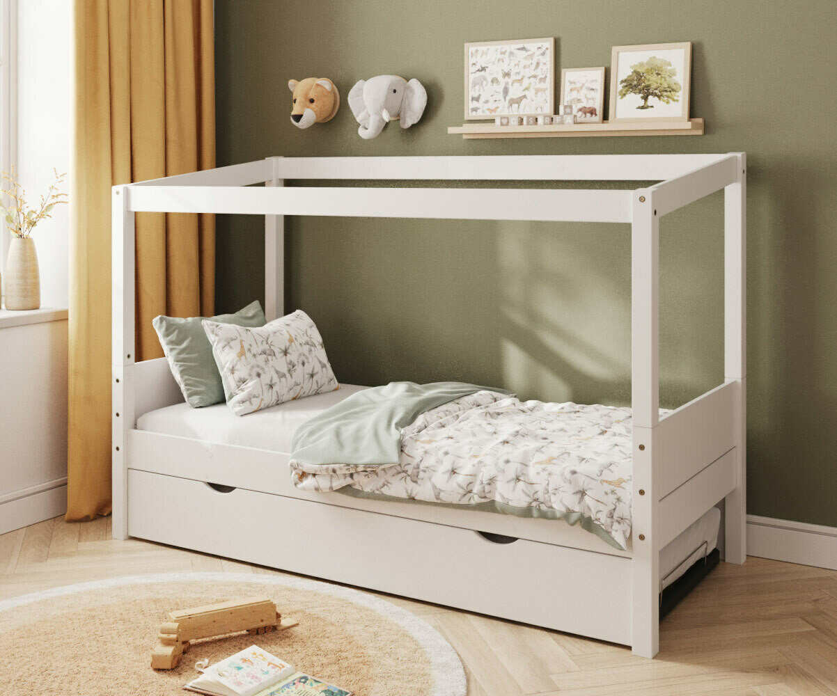 PROMO ! Lit cabane gigogne enfant et matelas Combeebed Blanc 90x200 cm Avec caches sommier Avec toit et porte 1 barrière Matelas Norway 13 cm