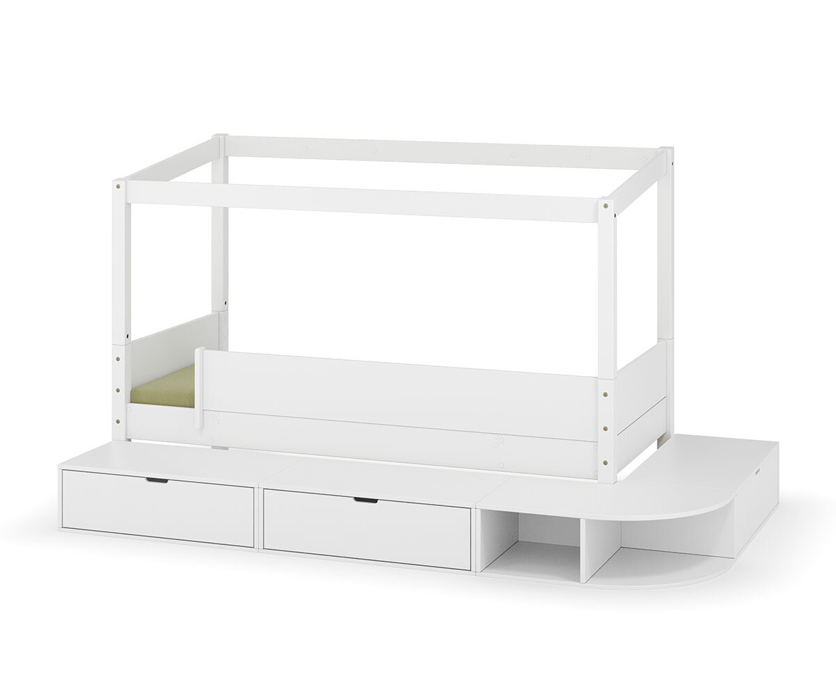 PROMO ! Lit cabane enfant avec estrade et matelas Combeebed Blanc 90x200 cm Sans toit et porte 1 barrière Matelas Airfresh 15 cm