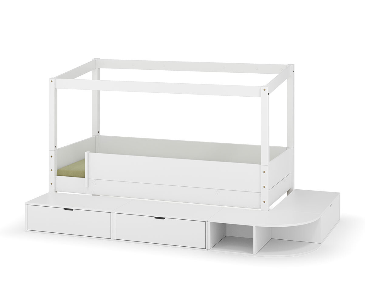 PROMO ! Lit cabane enfant avec estrade et matelas Combeebed Blanc 90x200 cm Sans toit et porte 2 barrières Matelas Airfresh 15 cm