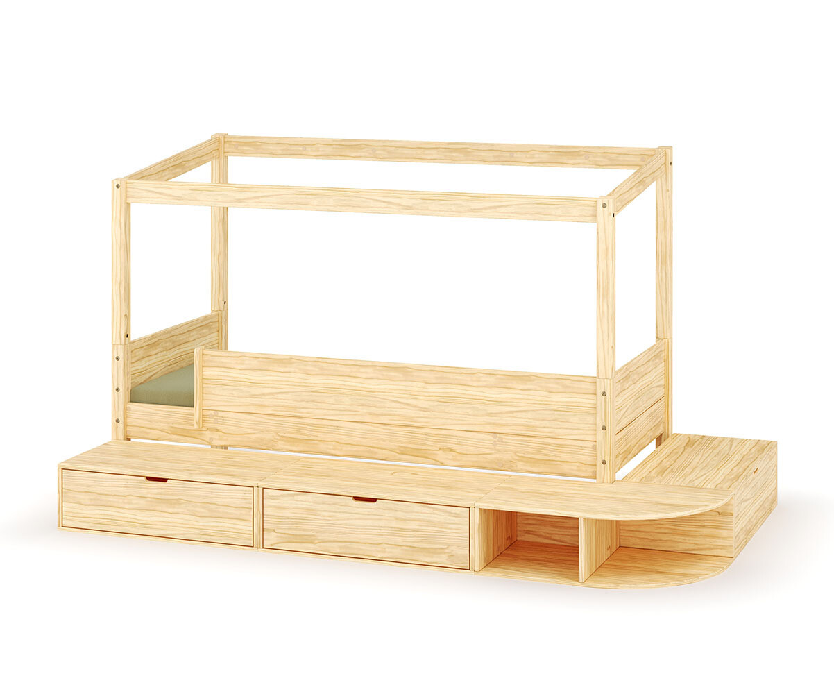 Lit cabane enfant avec estrade et matelas Combeebed Bois naturel 90x200 cm Sans toit et porte 1 barrière Matelas Airfresh 15 cm