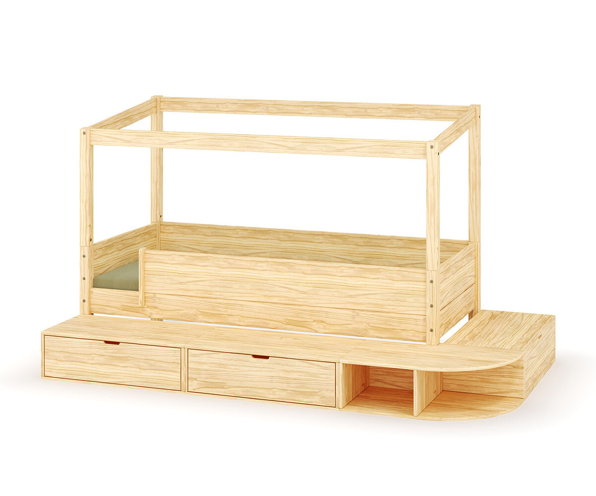 PROMO ! Lit cabane enfant avec estrade et matelas Combeebed Bois naturel 90x200 cm Sans toit et porte 2 barrières Matelas Norway 13 cm