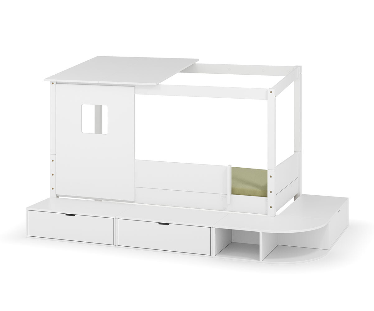 PROMO ! Lit cabane enfant avec estrade et matelas Combeebed Blanc 90x200 cm Avec toit et porte 1 barrière Matelas Airfresh 15 cm