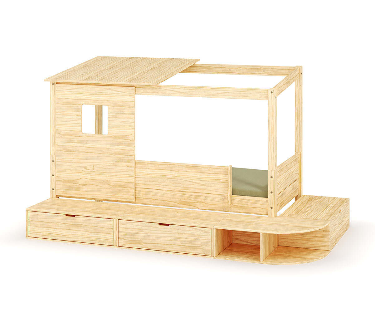 Lit cabane enfant avec estrade et matelas Combeebed Bois naturel 90x200 cm Avec toit et porte 1 barrière Matelas Airfresh 15 cm
