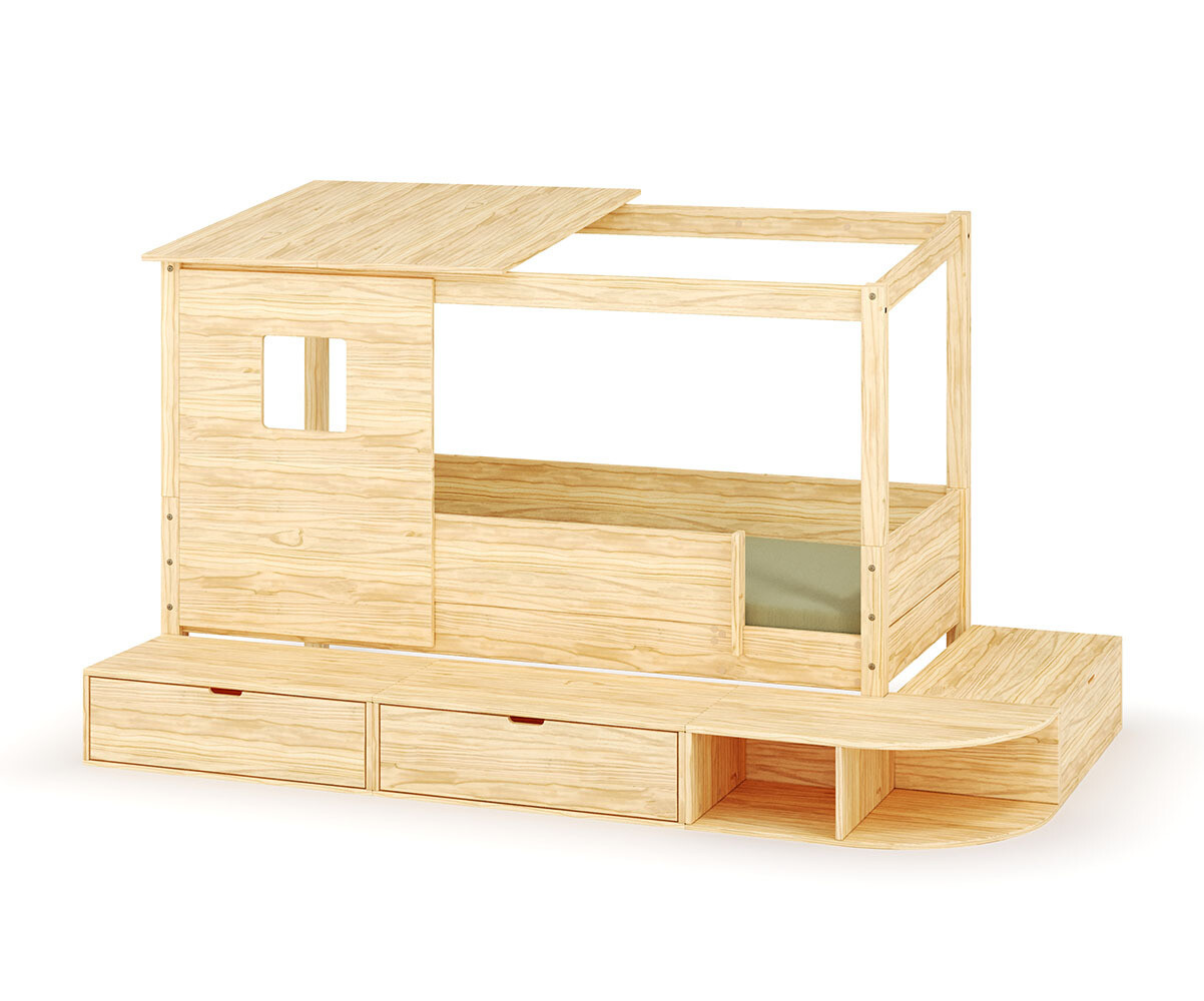 Lit cabane enfant avec estrade et matelas Combeebed Bois naturel 90x200 cm Avec toit et porte 2 barrières Matelas Airfresh 15 cm