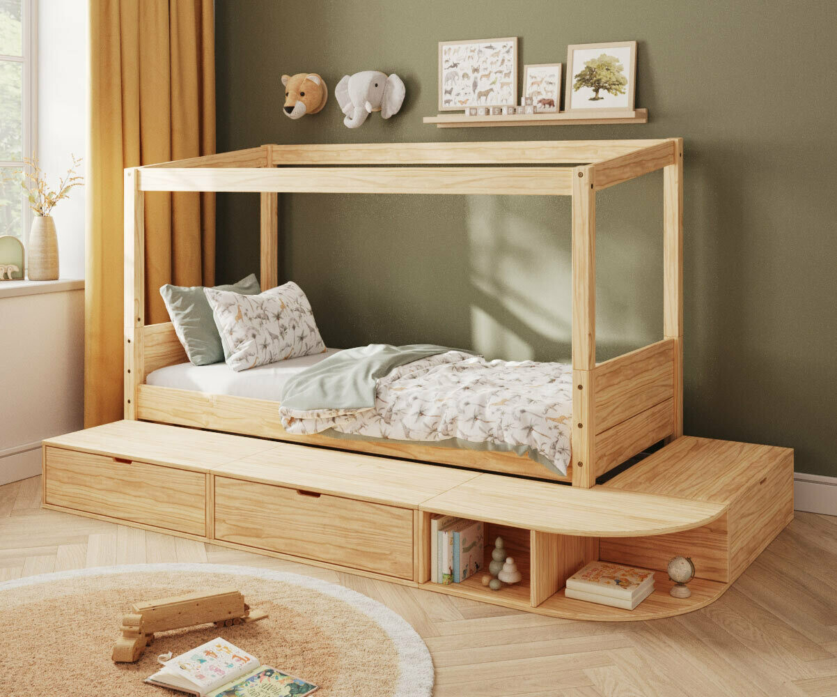 Lit cabane enfant avec estrade et matelas Combeebed Bois naturel 90x200 cm Sans toit et porte Sans barrière Matelas Airfresh 15 cm