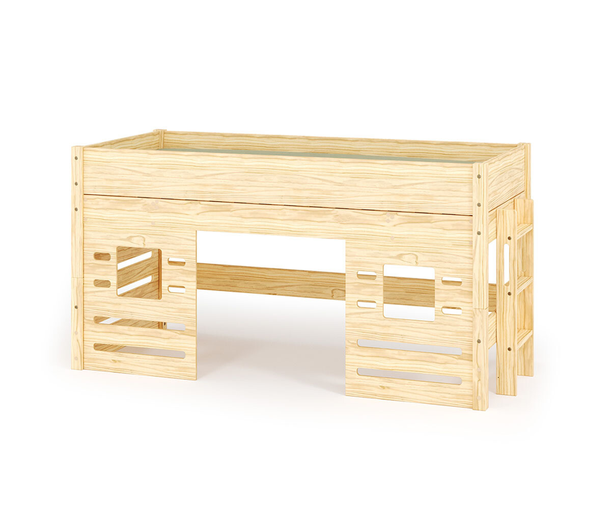 Lit mi-hauteur enfant Combeebed Bois naturel 90x200 cm Echelle petit côté Fenêtre bas