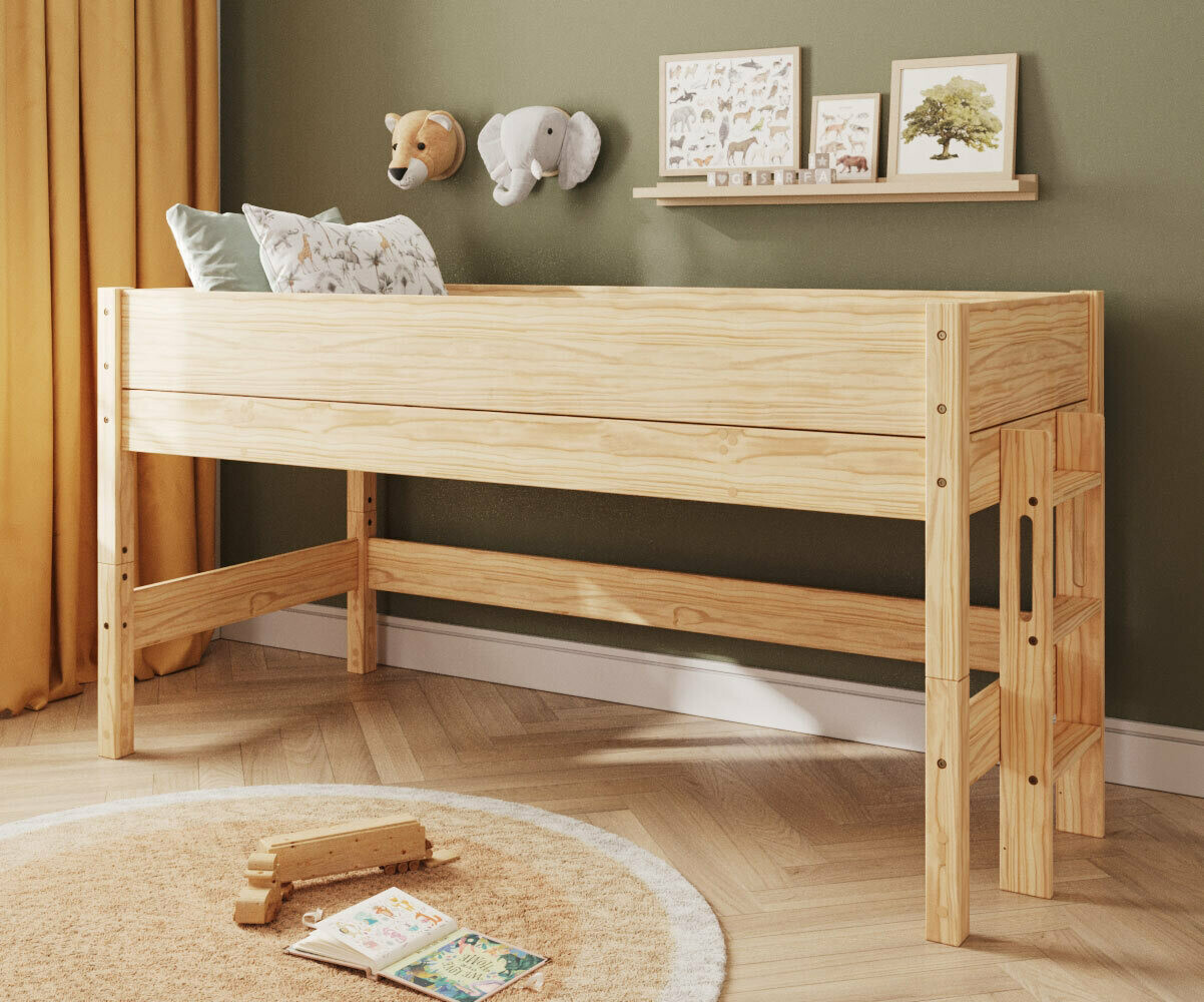 Lit mi-hauteur enfant Combeebed Bois naturel 90x200 cm Echelle petit côté Sans fenêtre