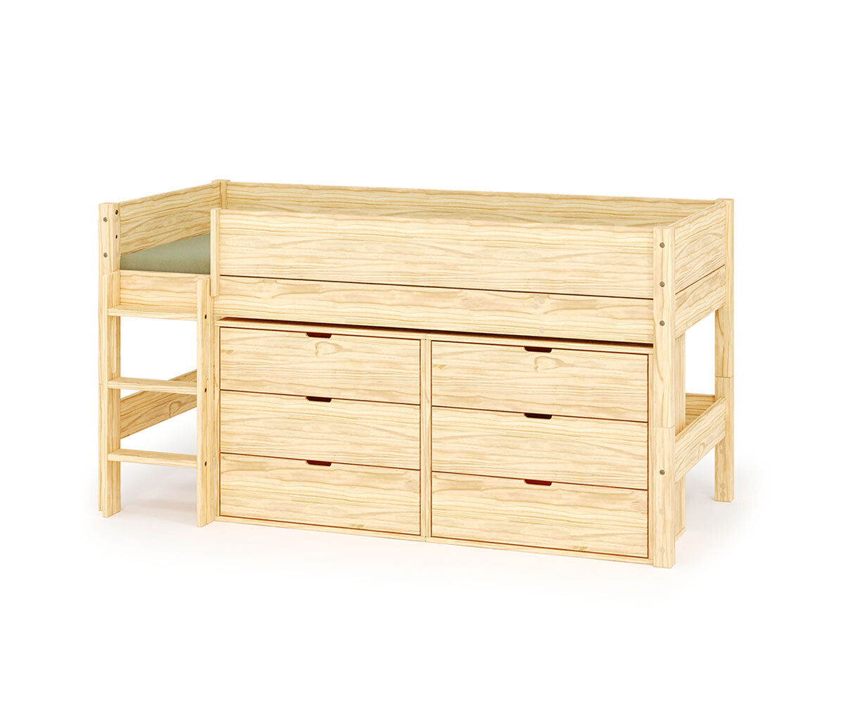 Lit mi-hauteur enfant avec rangement Combeebed Bois naturel 90x200 cm Echelle grand côté 2 commodes