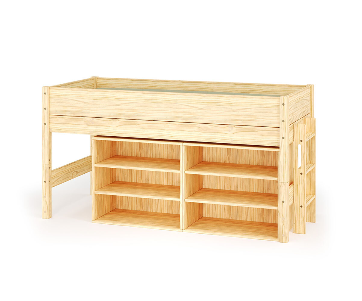 Lit mi-hauteur enfant avec rangement Combeebed Bois naturel 90x200 cm Echelle petit côté 2 étagères