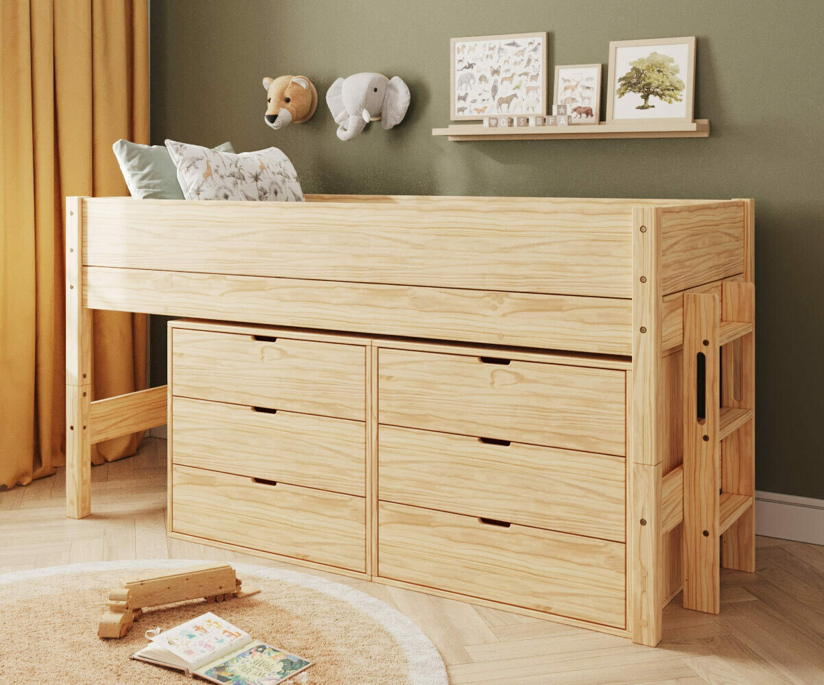 Lit mi-hauteur enfant avec rangement Combeebed Bois naturel 90x200 cm Echelle petit côté 2 commodes
