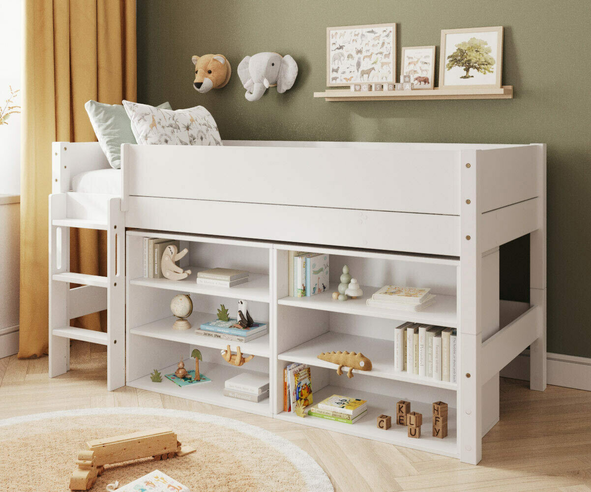 PROMO ! Lit mi-hauteur enfant avec rangement Combeebed Blanc 90x200 cm Echelle grand côté 2 étagères