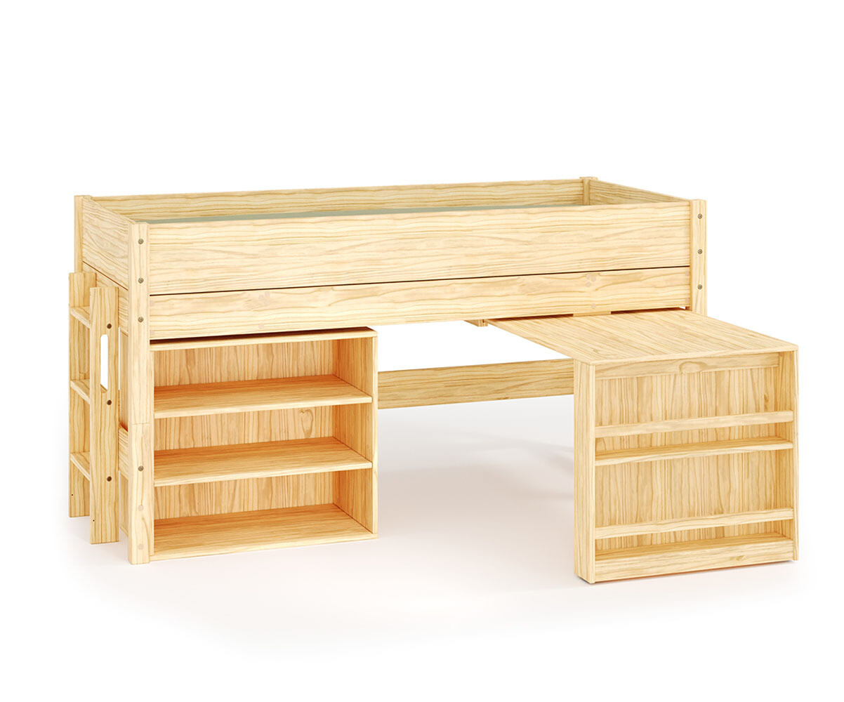 Lit mi-hauteur avec bureau Combeebed Bois naturel 90x200 cm Echelle petit côté 1 bureau + 1 étagère