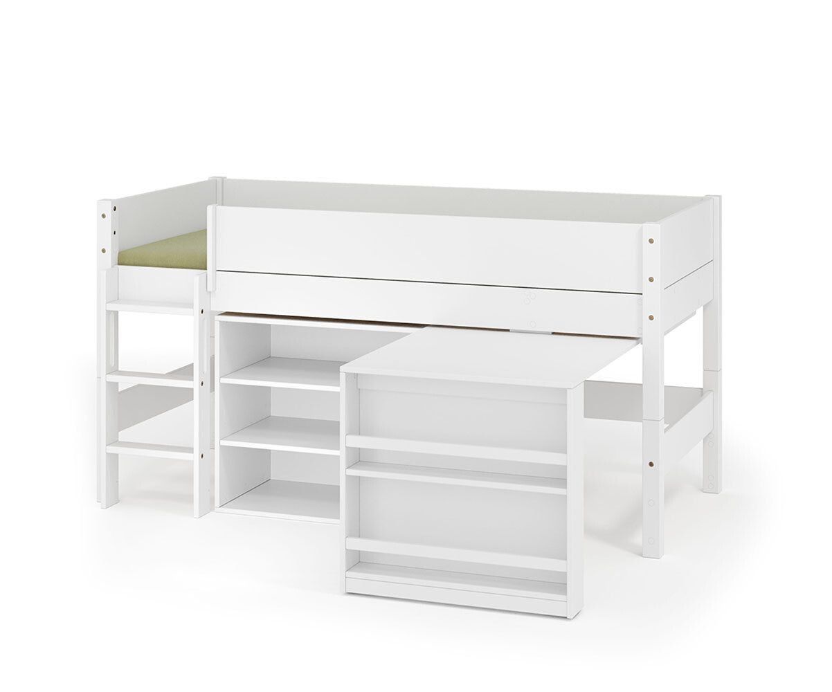 PROMO ! Lit mi-hauteur avec bureau Combeebed Blanc 90x200 cm Echelle grand côté 1 bureau + 1 étagère