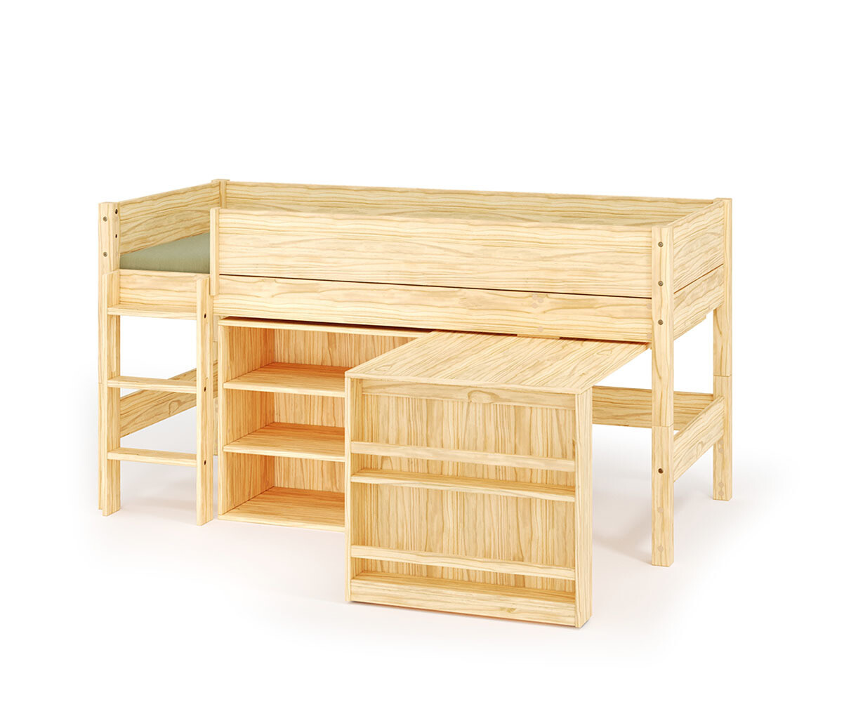 Lit mi-hauteur avec bureau Combeebed Bois naturel 90x200 cm Echelle grand côté 1 bureau + 1 étagère