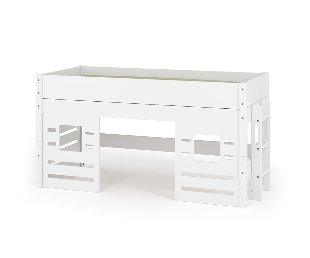 PROMO ! Lit mi-hauteur enfant avec matelas Combeebed Blanc 90x200 cm Echelle petit côté Fenêtre bas Matelas Norway 13 cm