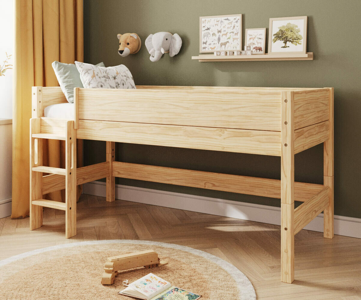 Lit mi-hauteur enfant avec matelas Combeebed Bois naturel 90x200 cm Echelle grand côté Sans fenêtre Matelas Airfresh 15 cm