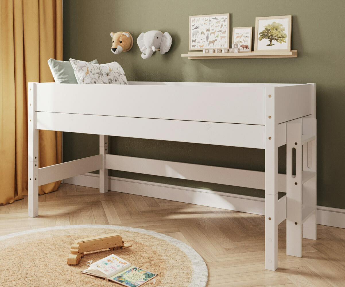 PROMO ! Lit mi-hauteur enfant avec matelas Combeebed Blanc 90x200 cm Echelle petit côté Sans fenêtre Matelas Airfresh 15 cm