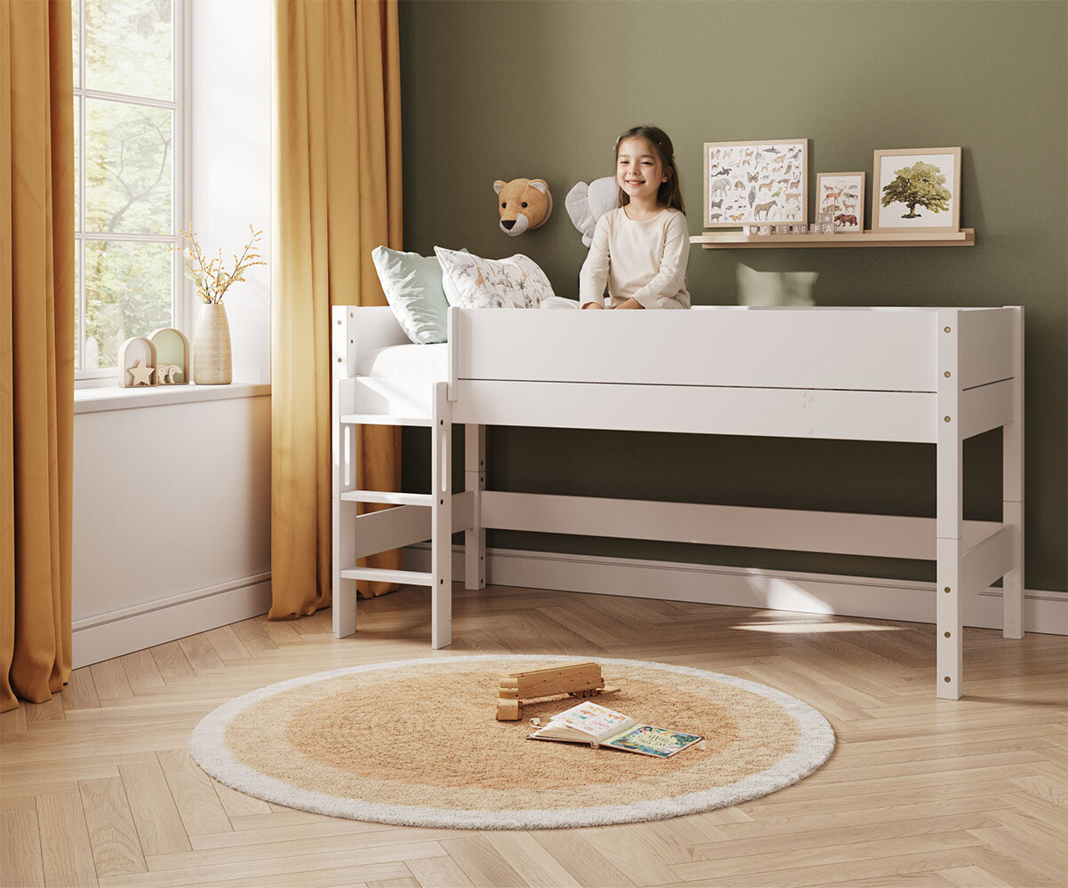 PROMO ! Lit mi-hauteur enfant avec matelas Combeebed Blanc 90x200 cm Echelle grand côté Sans fenêtre Matelas Norway 13 cm