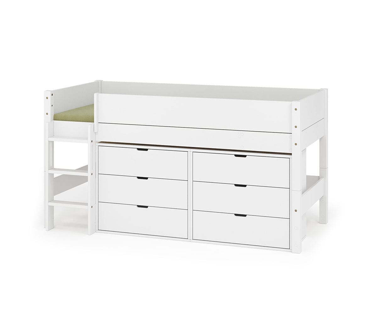 PROMO ! Lit mi-hauteur enfant avec rangement et matelas Combeebed Blanc 90x200 cm Echelle grand côté 2 commodes Matelas Norway 13 cm