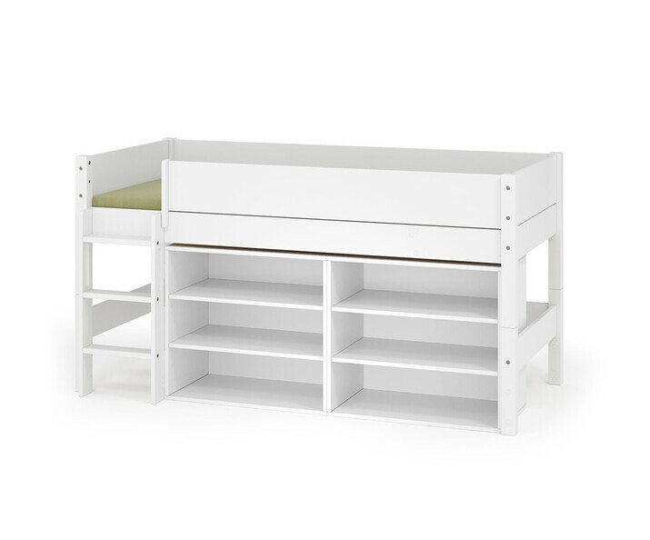 Lit mi hauteur blanc enfant avec étagères et échelle grand côté + matelas