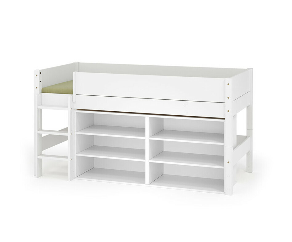 Lit mi hauteur blanc enfant avec étagères et échelle grand côté + matelas