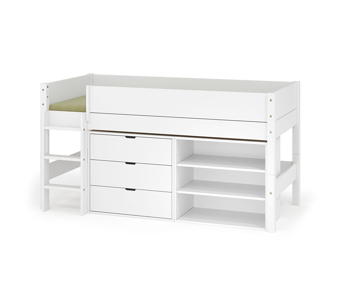 PROMO ! Lit mi-hauteur enfant avec rangement et matelas Combeebed Blanc 90x200 cm Echelle grand côté 1 étagère + 1 commode Matelas Norway 13 cm