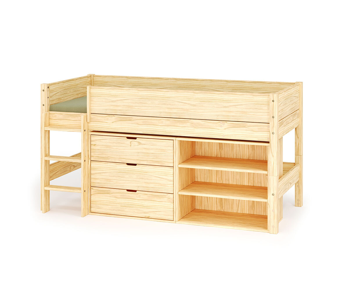 Lit mi-hauteur enfant avec rangement et matelas Combeebed Bois naturel 90x200 cm Echelle grand côté 1 étagère + 1 commode Matelas Airfresh 15 cm
