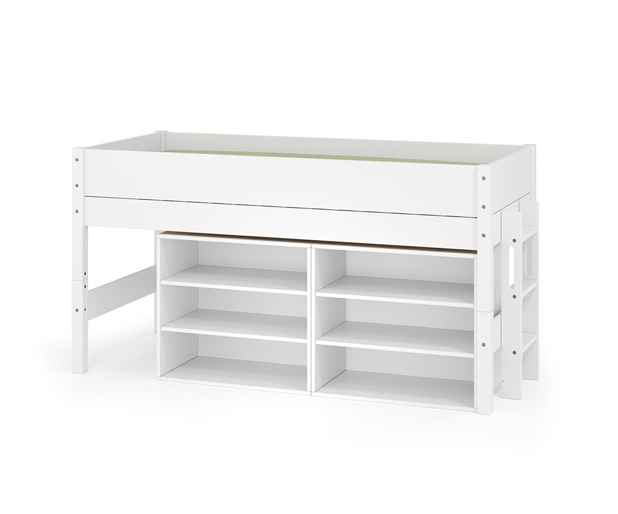 PROMO ! Lit mi-hauteur enfant avec rangement et matelas Combeebed Blanc 90x200 cm Echelle petit côté 2 étagères Matelas Airfresh 15 cm