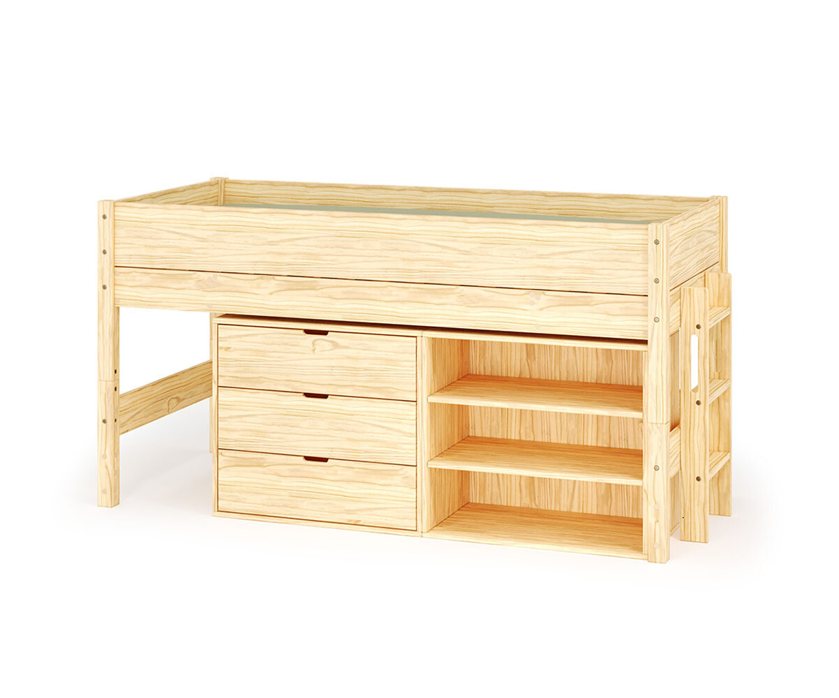Lit mi-hauteur enfant avec rangement et matelas Combeebed Bois naturel 90x200 cm Echelle petit côté 1 étagère + 1 commode Matelas Airfresh 15 cm