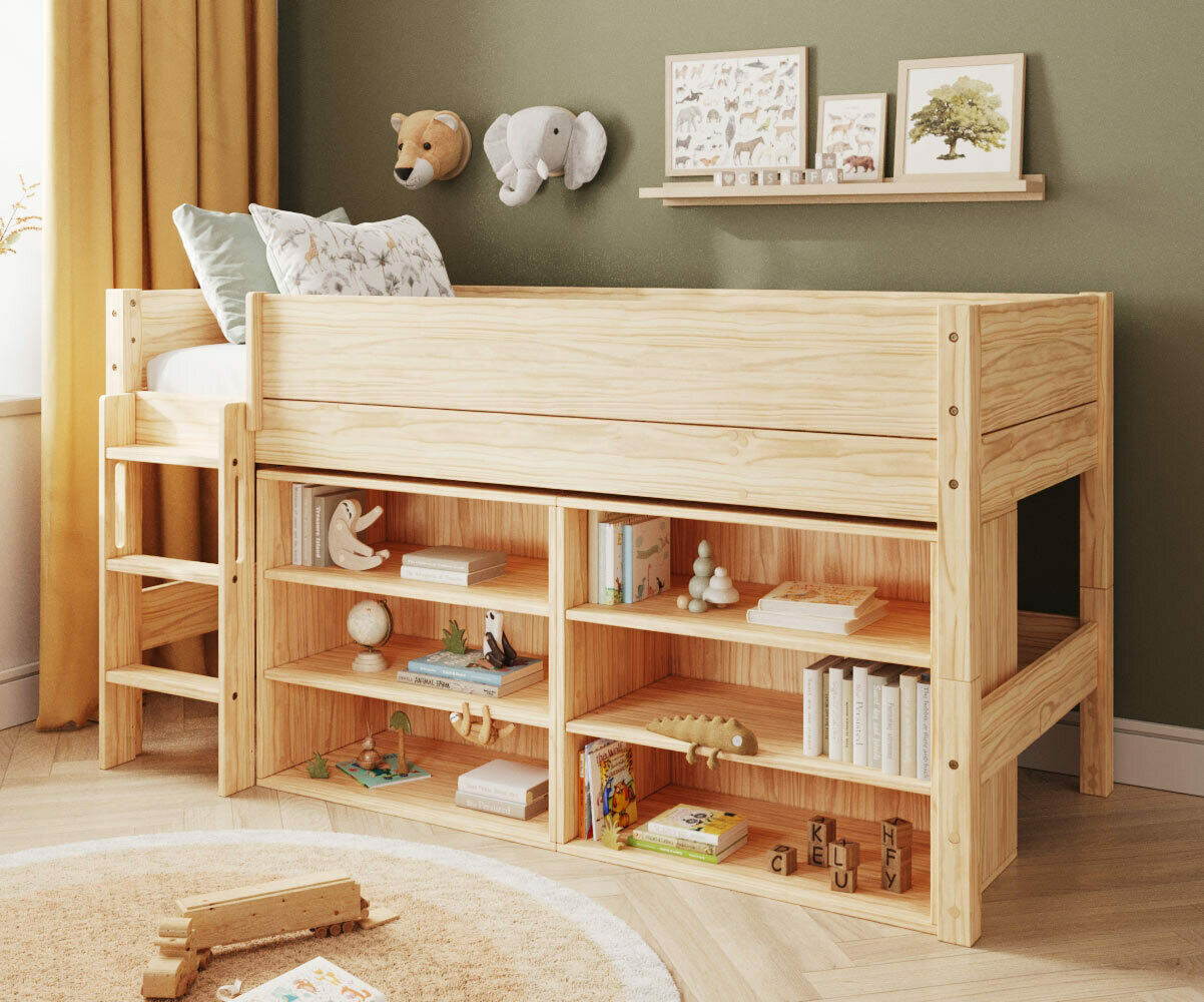 Lit mi-hauteur enfant avec rangement et matelas Combeebed Bois naturel 90x200 cm Echelle grand côté 2 étagères Matelas Airfresh 15 cm