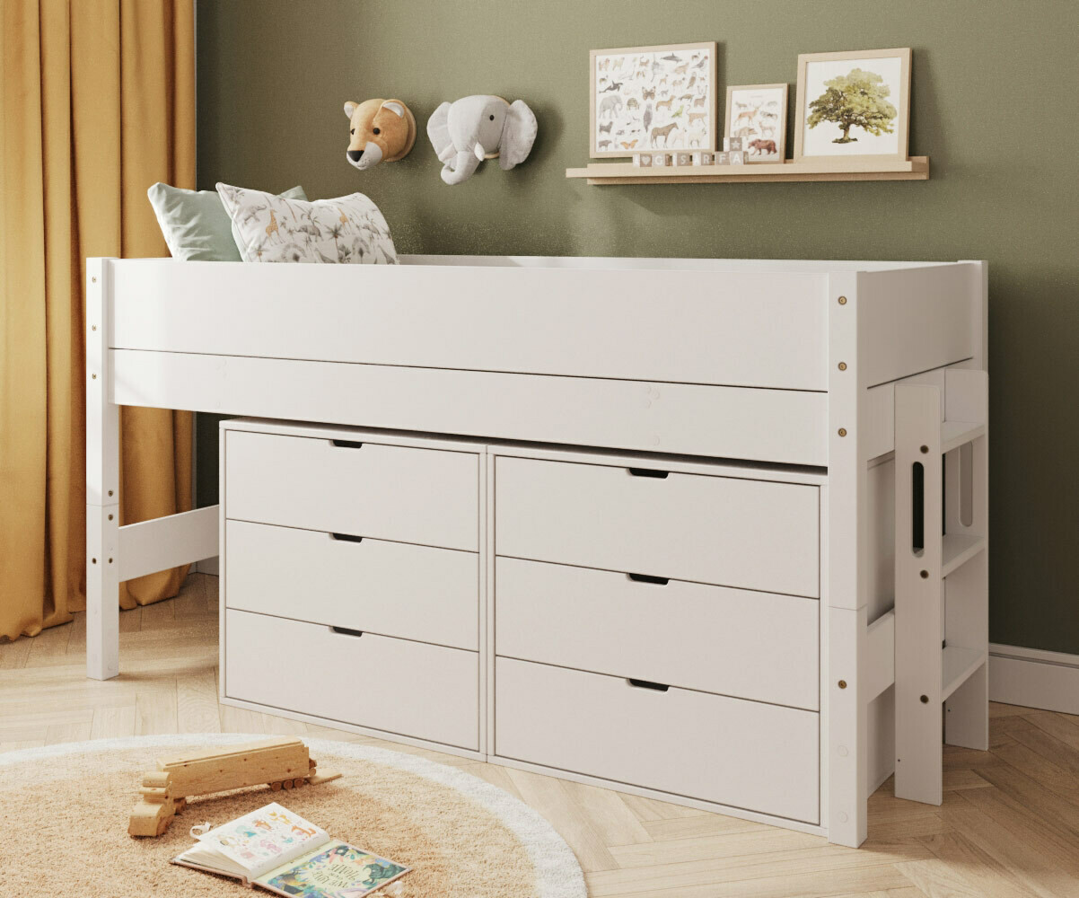 PROMO ! Lit mi-hauteur enfant avec rangement et matelas Combeebed Blanc 90x200 cm Echelle petit côté 2 commodes Matelas Airfresh 15 cm