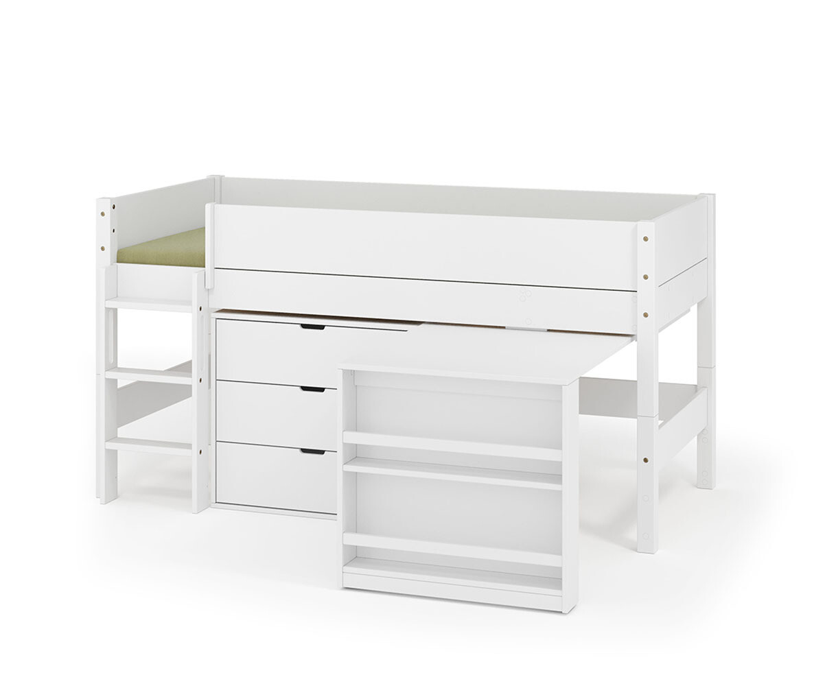 PROMO ! Lit mi-hauteur enfant avec bureau et matelas Combeebed Blanc 90x200 cm Echelle grand côté 1 bureau + 1 commode Matelas Airfresh 15 cm