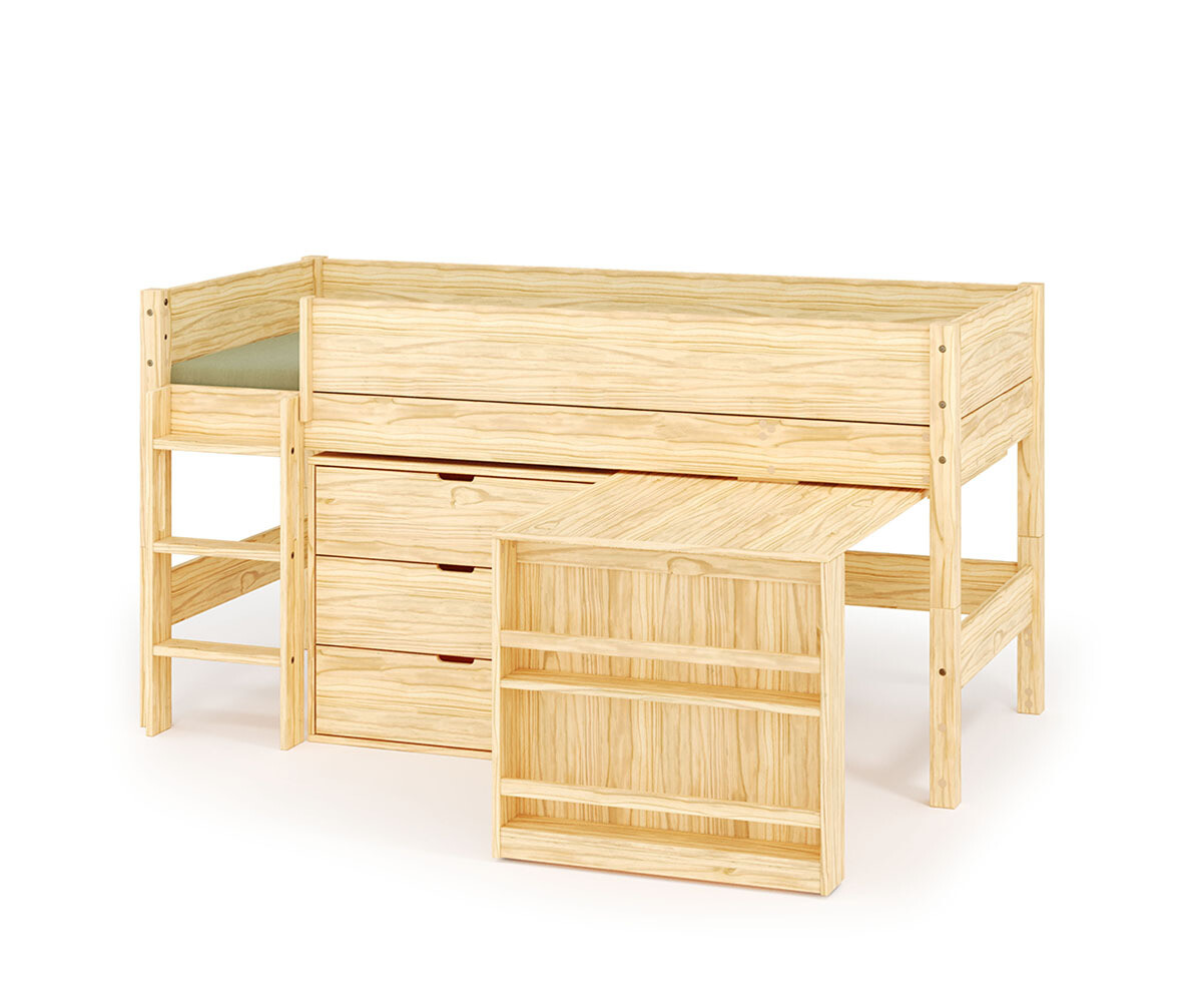 Lit mi-hauteur enfant avec bureau et matelas Combeebed Bois naturel 90x200 cm Echelle grand côté 1 bureau + 1 commode Matelas Airfresh 15 cm