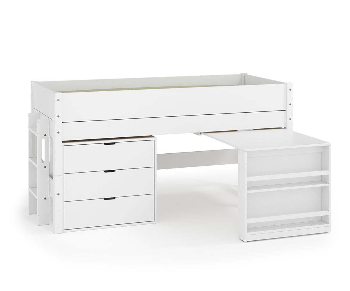 PROMO ! Lit mi-hauteur enfant avec bureau et matelas Combeebed Blanc 90x200 cm Echelle petit côté 1 bureau + 1 commode Matelas Norway 13 cm