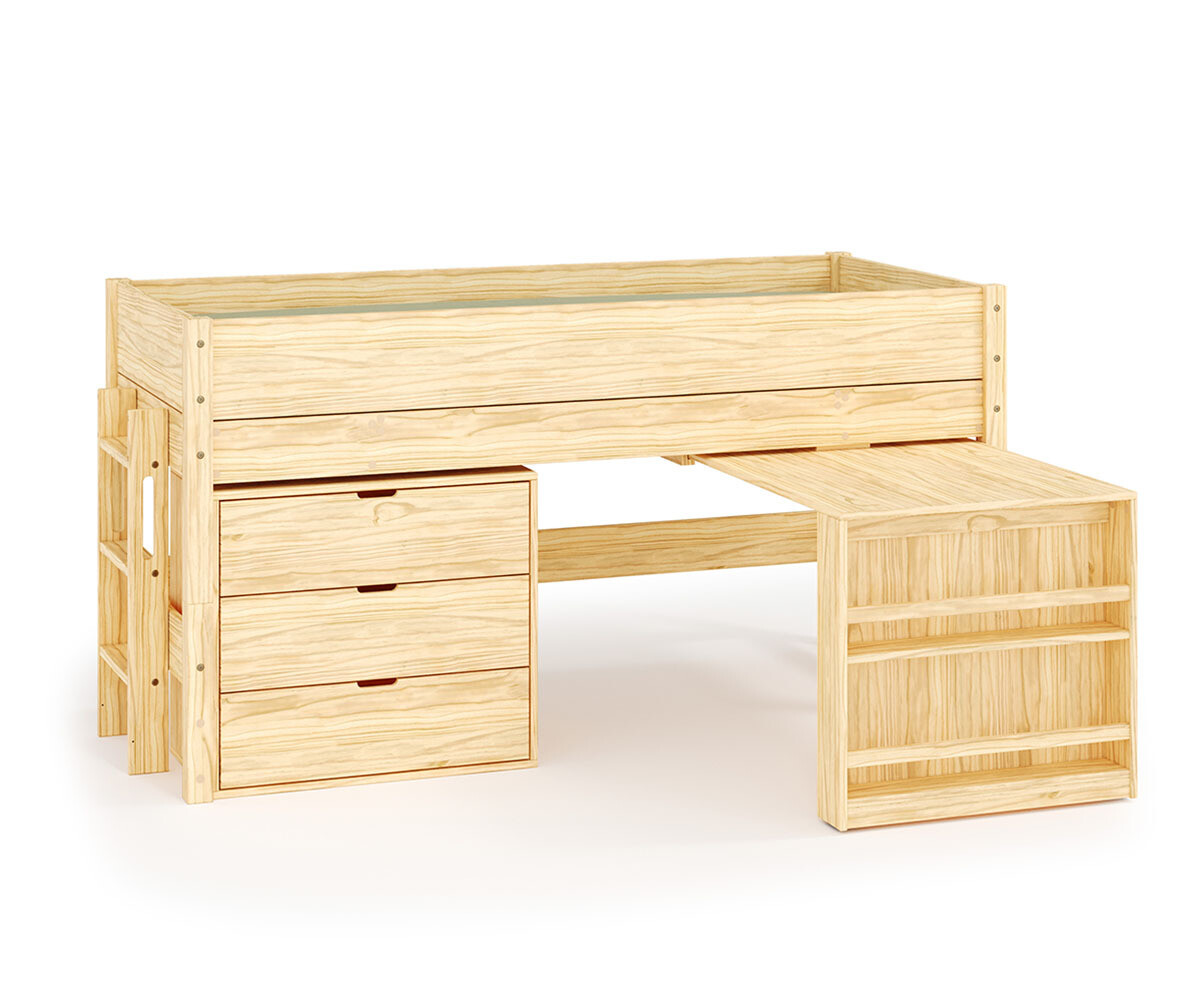 Lit mi-hauteur enfant avec bureau et matelas Combeebed Bois naturel 90x200 cm Echelle petit côté 1 bureau + 1 commode Matelas Airfresh 15 cm