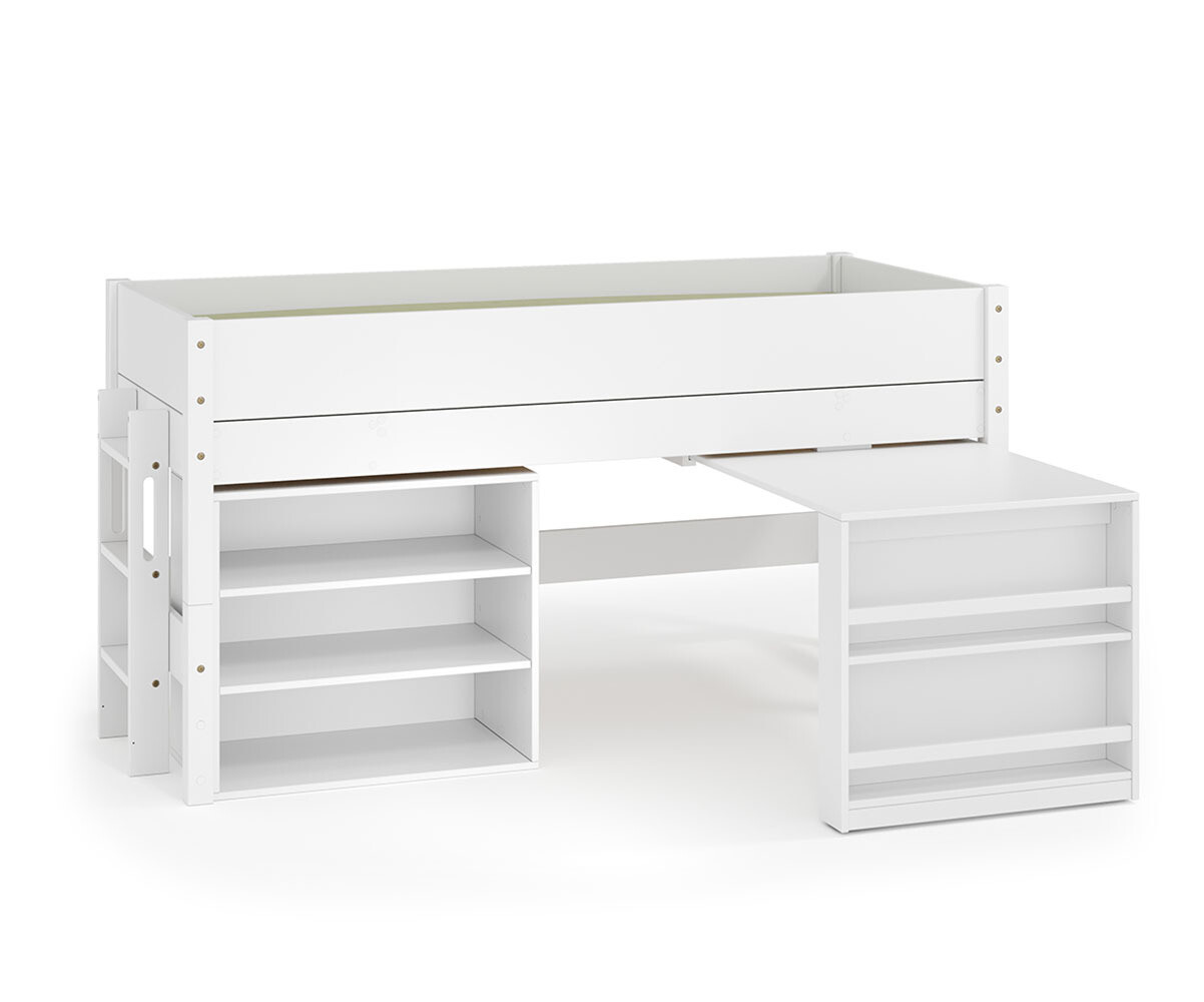 PROMO ! Lit mi-hauteur enfant avec bureau et matelas Combeebed Blanc 90x200 cm Echelle petit côté 1 bureau + 1 étagère Matelas Norway 13 cm