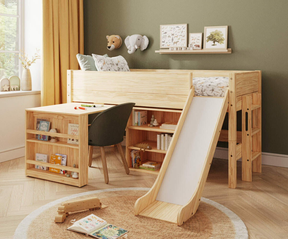 Lit mi-hauteur enfant avec toboggan Combeebed Bois naturel 90x200 cm 1 étagère +1 bureau