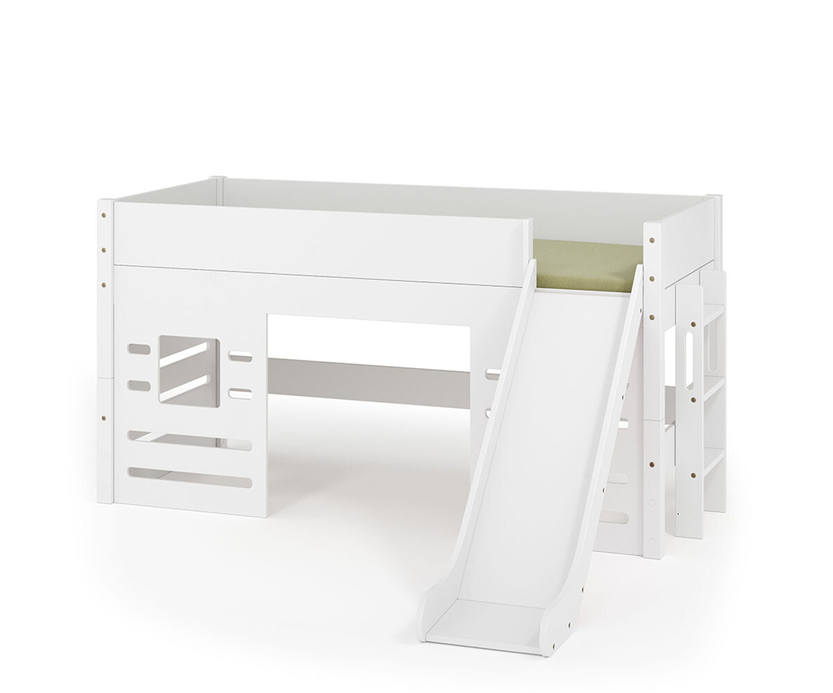 PROMO ! Lit mi-hauteur enfant avec toboggan et matelas Combeebed Blanc 90x200 cm Fenêtre bas Matelas Norway 13 cm