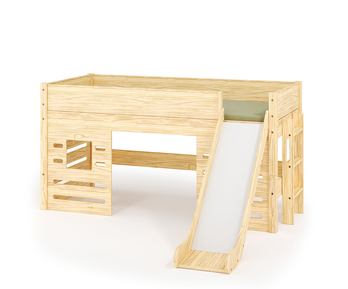 Lit mi-hauteur enfant avec toboggan et matelas Combeebed Bois naturel 90x200 cm Fenêtre bas Matelas Airfresh 15 cm