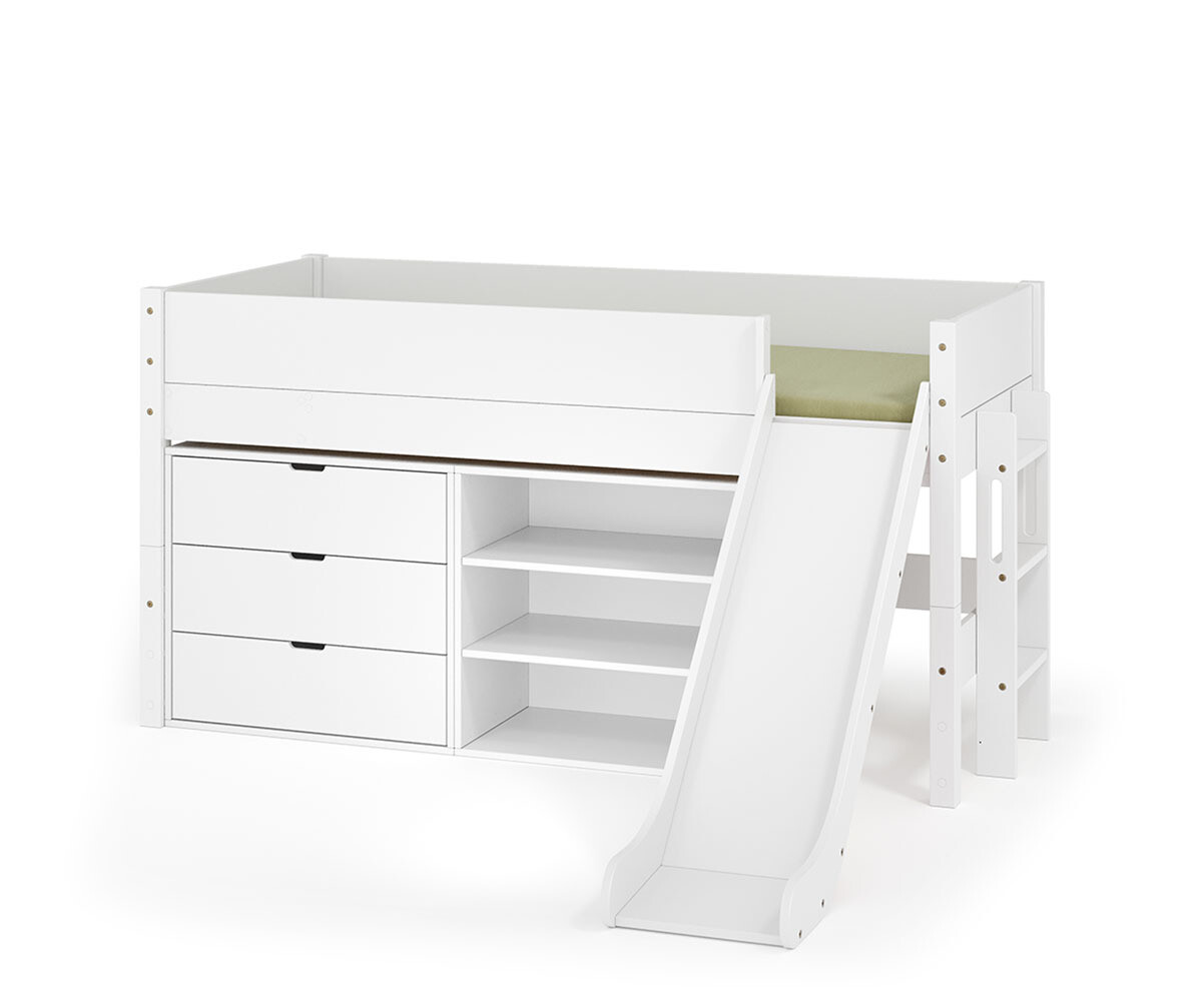 PROMO ! Lit mi-hauteur enfant avec toboggan et matelas Combeebed Blanc 90x200 cm 1 étagère + 1 commode Matelas Norway 13 cm