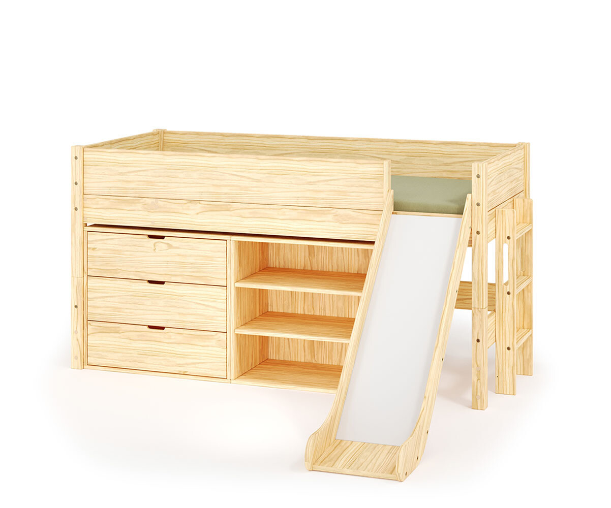 Lit mi-hauteur enfant avec toboggan et matelas Combeebed Bois naturel 90x200 cm 1 étagère + 1 commode Matelas Airfresh 15 cm