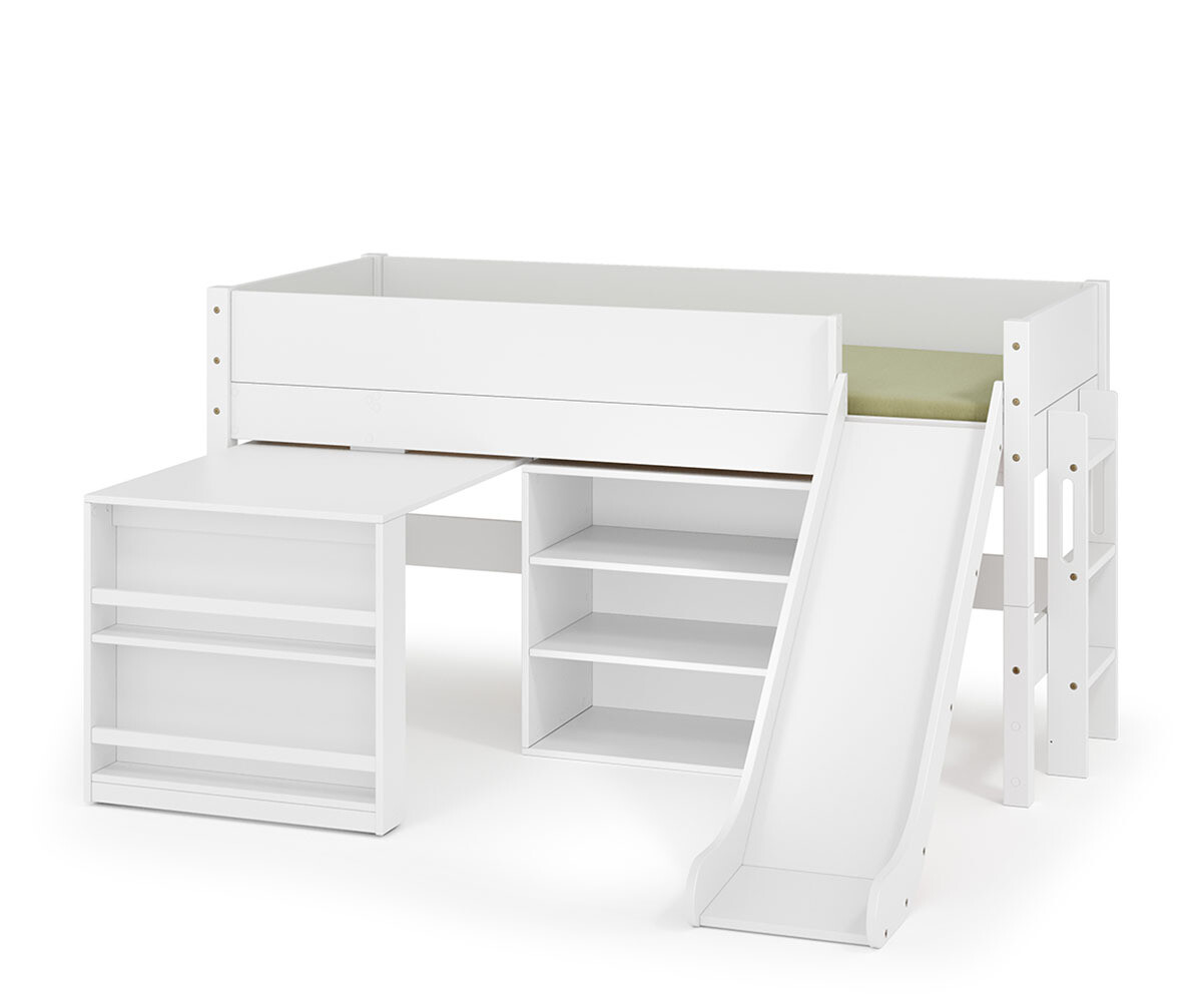 PROMO ! Lit mi-hauteur enfant avec toboggan et matelas Combeebed Blanc 90x200 cm 1 étagère + 1 bureau Matelas Norway 13 cm