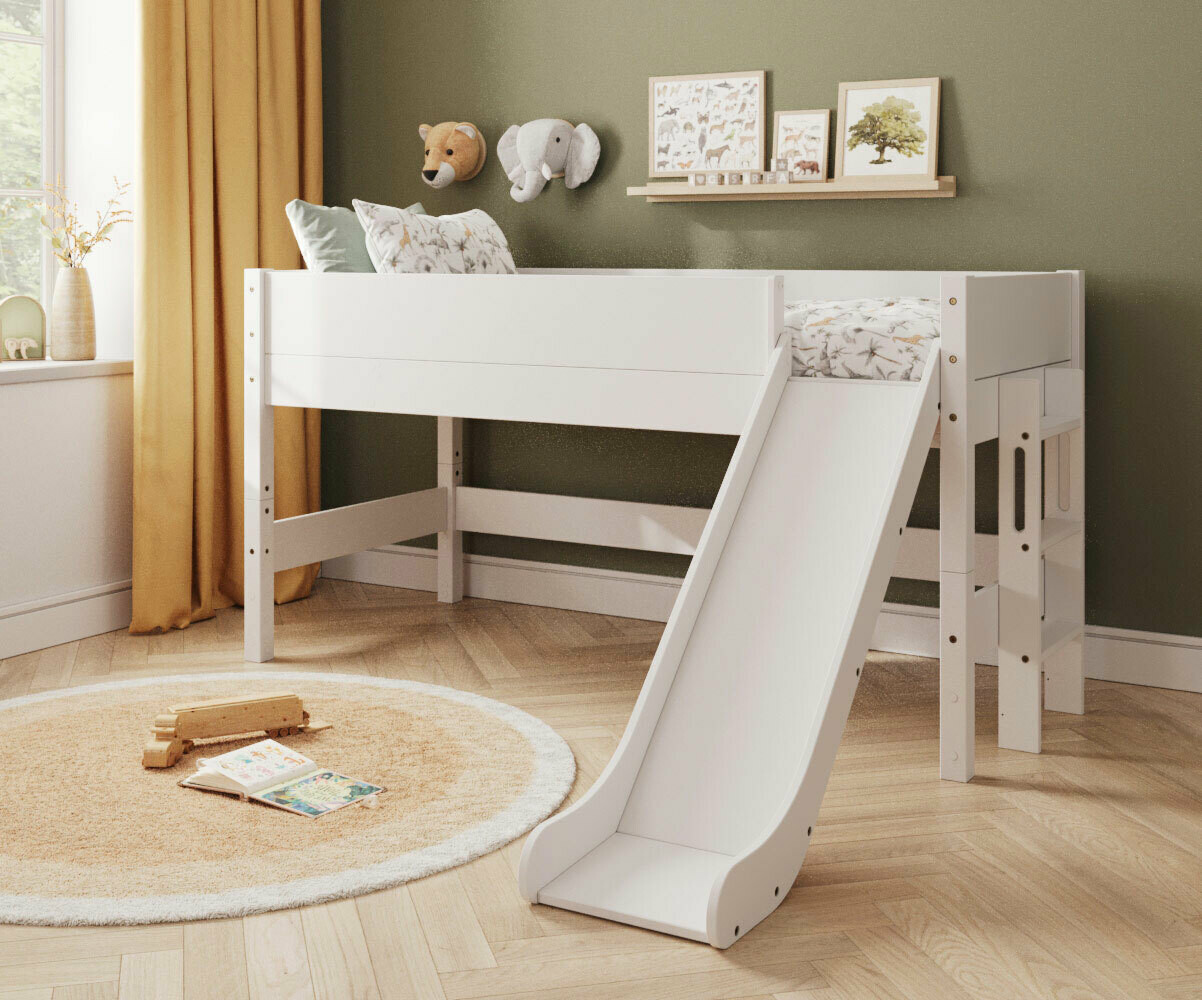 PROMO ! Lit mi-hauteur enfant avec toboggan et matelas Combeebed Blanc 90x200 cm Toboggan uniquement Matelas Norway 13 cm