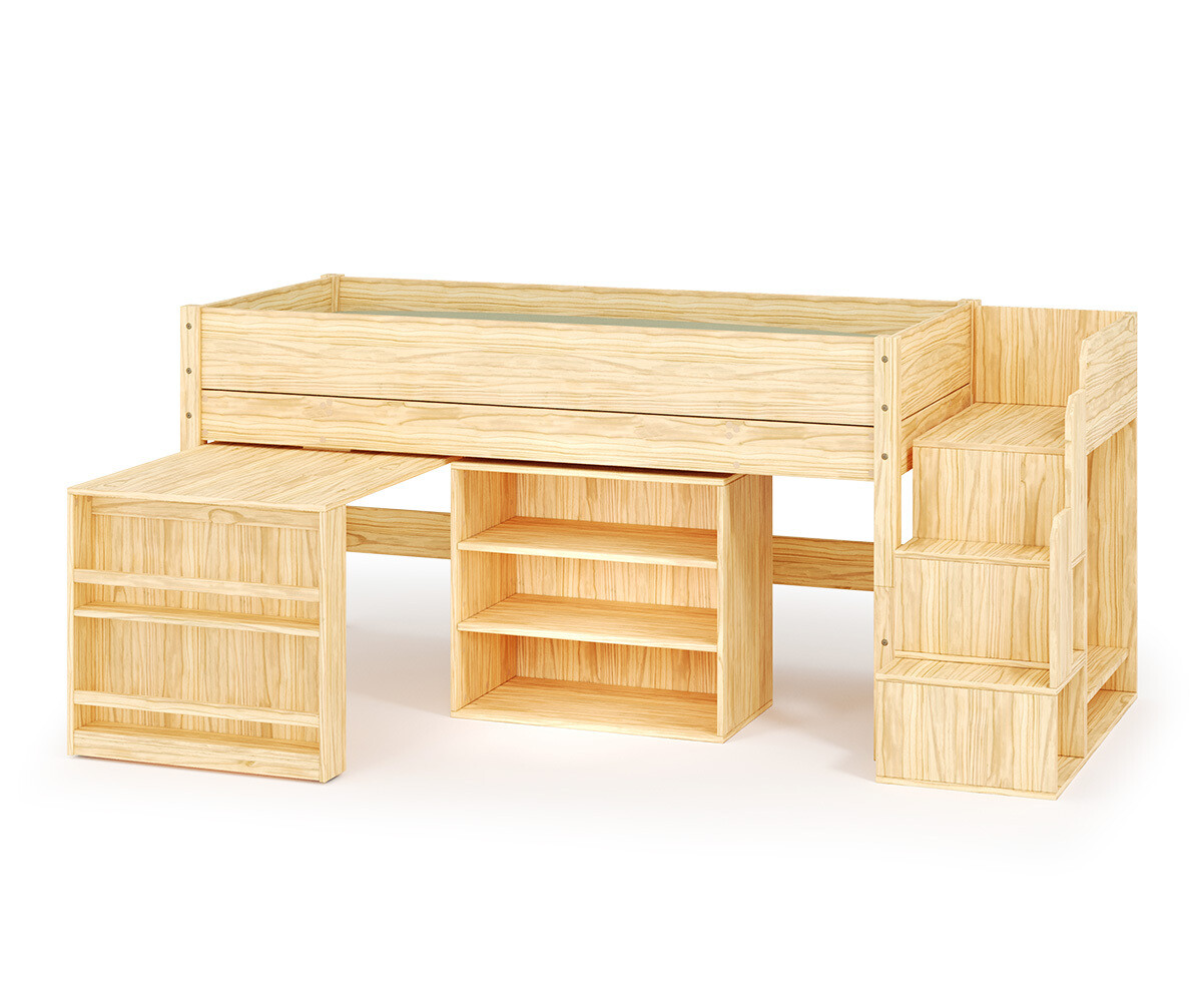 Lit mi-hauteur enfant avec escalier Combeebed Bois naturel 90x200 cm 1 étagère + 1 bureau