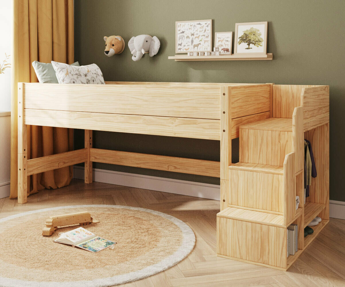 Lit mi-hauteur enfant avec escalier Combeebed Bois naturel 90x200 cm Sans rangement et bureau