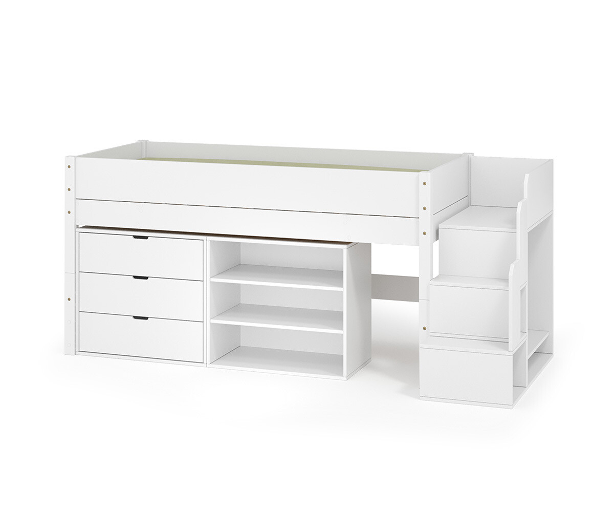 PROMO ! Lit mi-hauteur enfant avec escalier et matelas Combeebed Blanc 90x200 cm 1 étagère + 1 commode Matelas Norway 13 cm