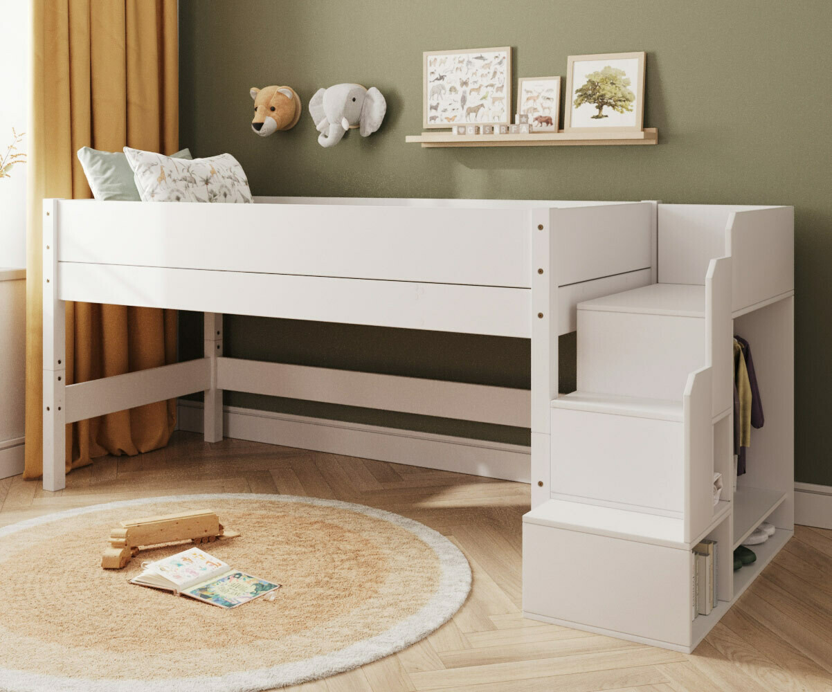 PROMO ! Lit mi-hauteur enfant avec escalier et matelas Combeebed Blanc 90x200 cm Sans rangement et bureau Matelas Airfresh 15 cm